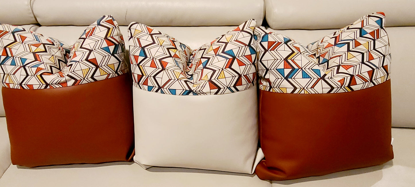 White Vegan Leather Throw Pillow with Tribal Print