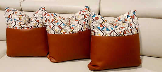 Burnt Orange Vegan Leather Throw Pillow with Tribal Print