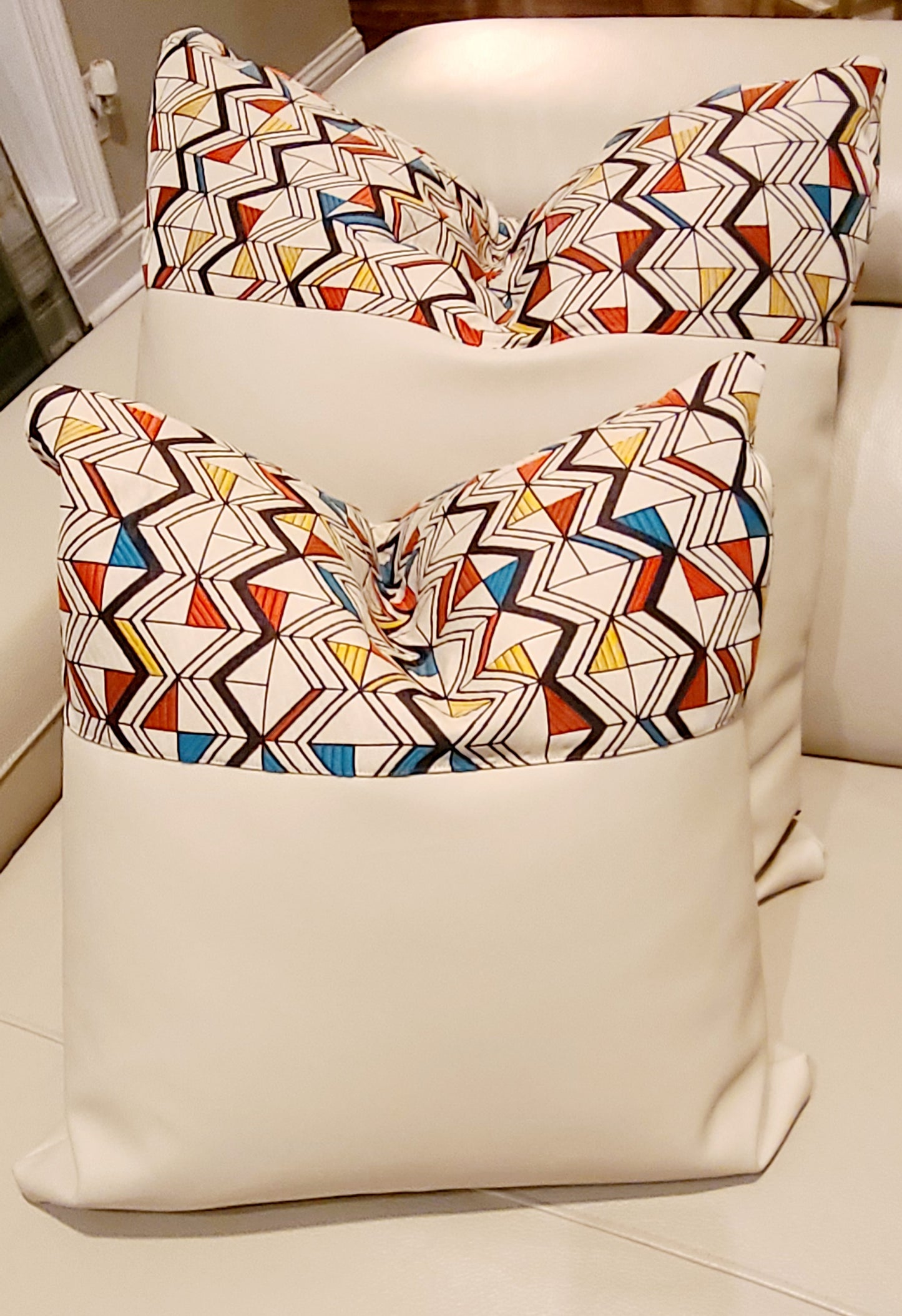 White Vegan Leather Throw Pillow with Tribal Print