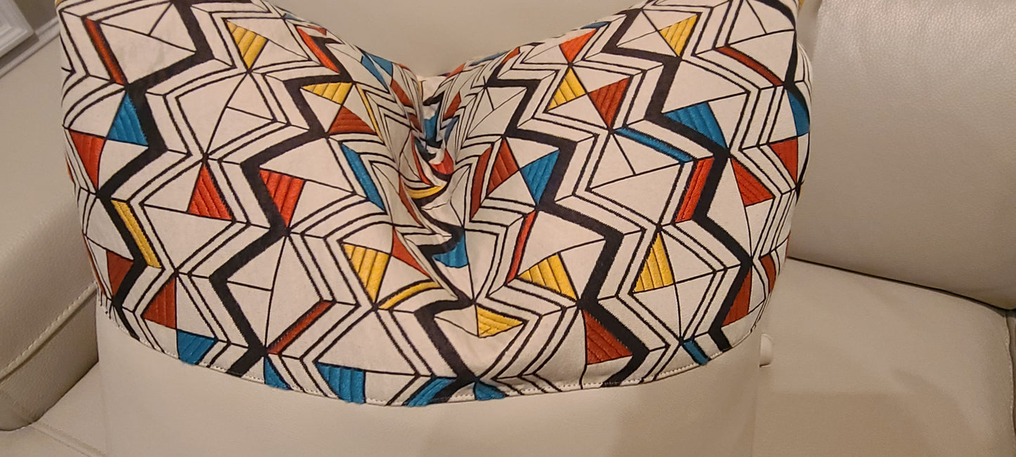 White Vegan Leather Throw Pillow with Tribal Print