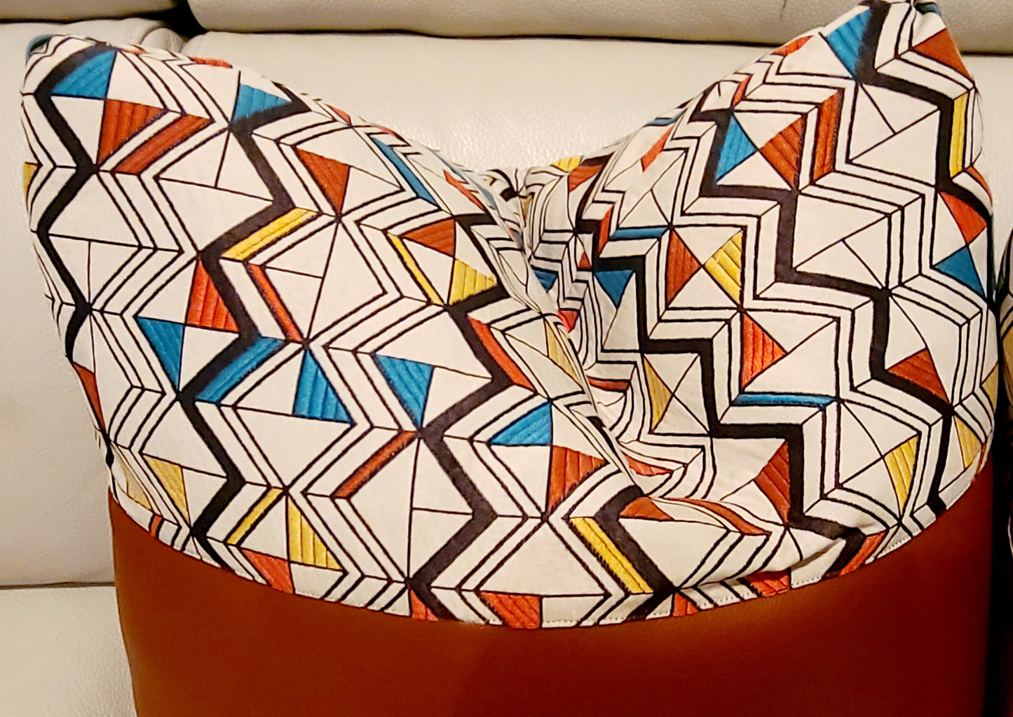 Burnt Orange Vegan Leather Throw Pillow with Tribal Print