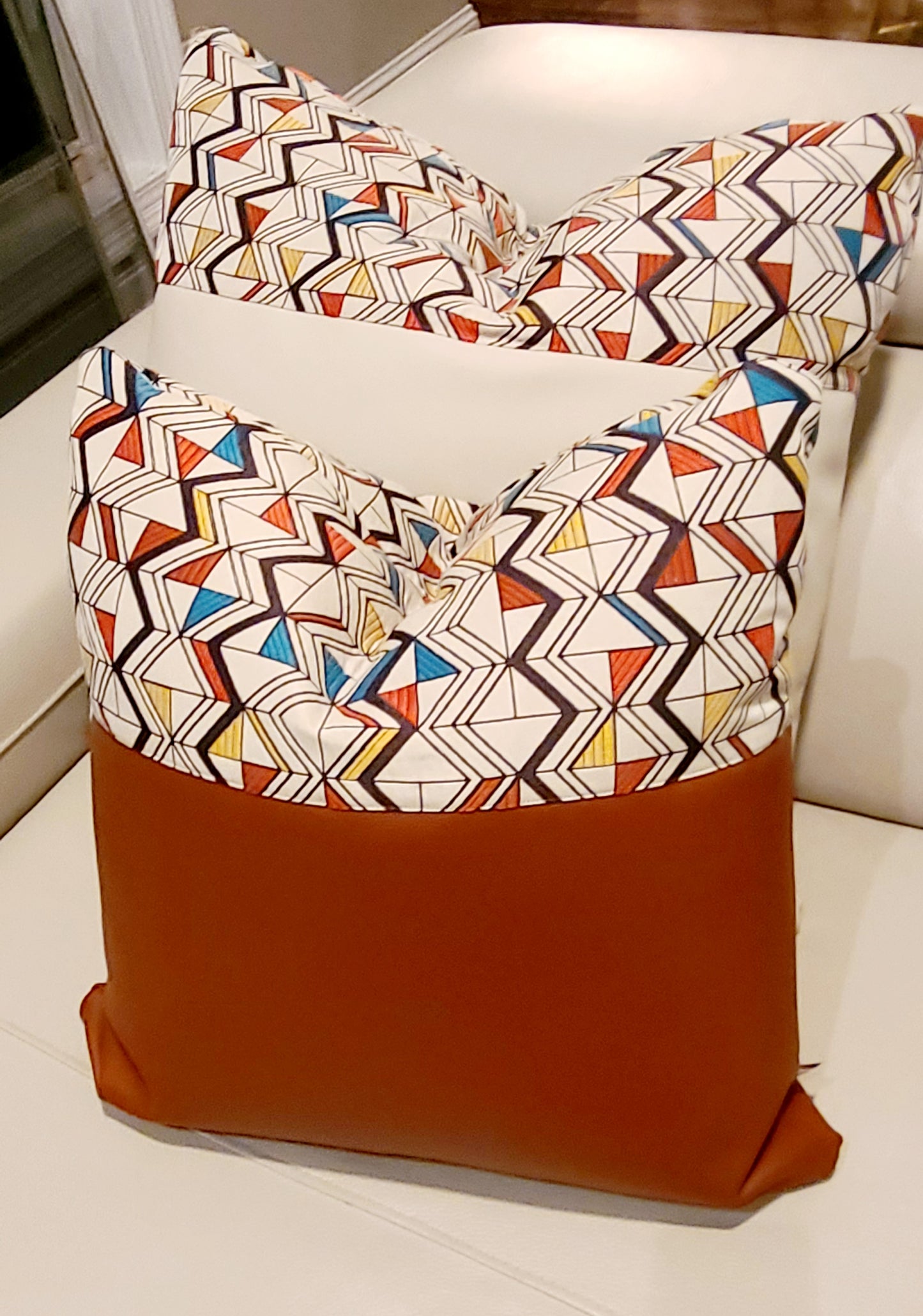 White Vegan Leather Throw Pillow with Tribal Print