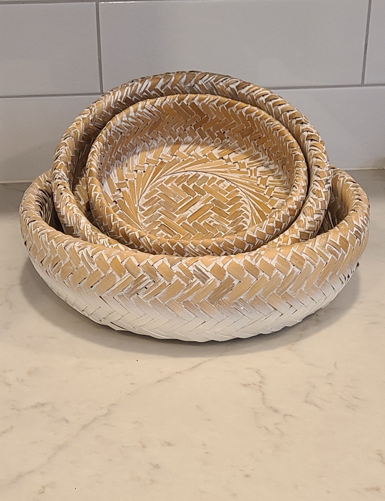 Natural & White Decorative Bamboo Baskets (Set of 3)