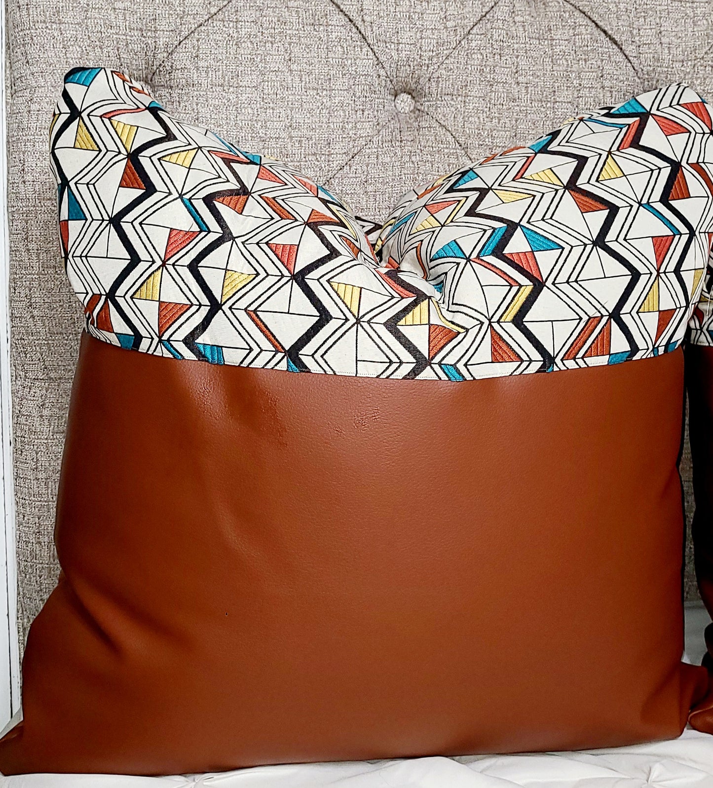 Burnt Orange Vegan Leather Throw Pillow with Tribal Print