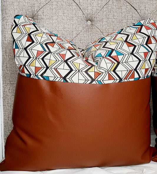 Burnt Orange Vegan Leather Throw Pillow with Tribal Print